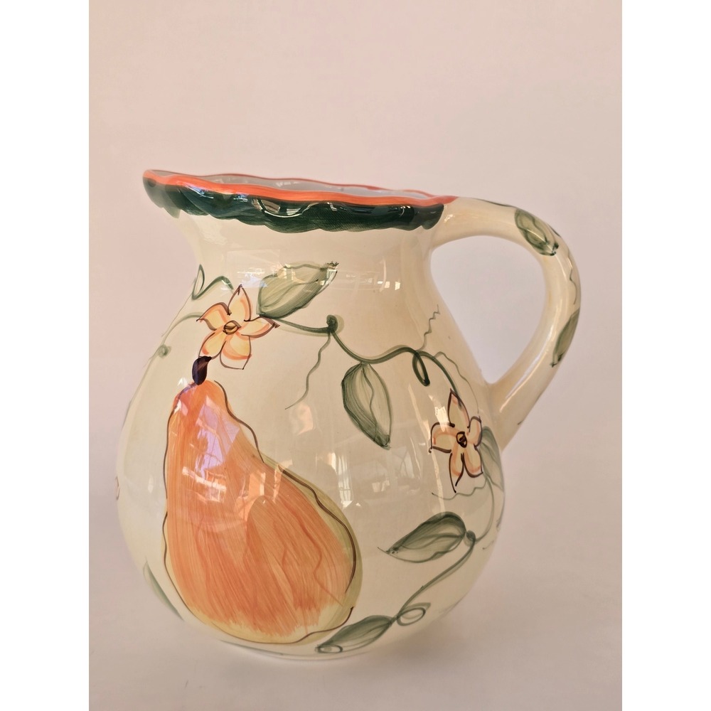 Ceramic Hand Painted Fruit Pitcher Pear Melon Floral Farmhouse Decor 7.25in